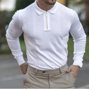 Classic White And Gold Zip Knit Long Sleeve Polo Shirt