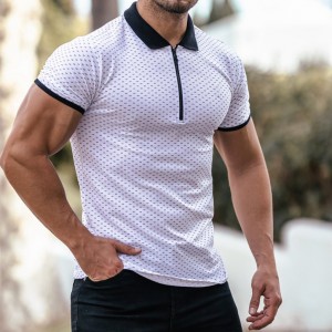 Black and White Printed Zip Polo Shirt