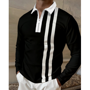 Parallel Bar Stripe Long Sleeve Polo Shirt