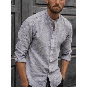 Men's loose sleeve cotton and linen shirt with stand collar HF0902-03-01